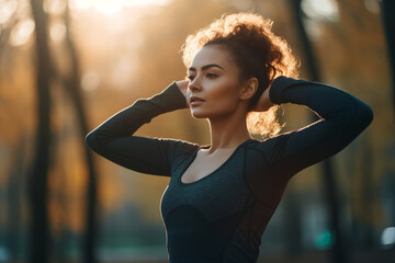 Young Latina woman with curly hair stretching in the park. Healthy living, exercise in the nature. High quality photo Generative AI