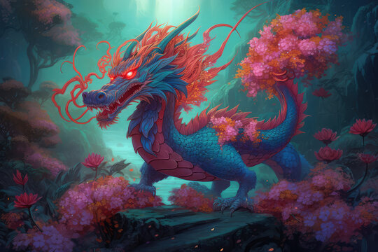 zodiac dragon with lanterns and cherry blossoms in background, chinese new year, generative AI