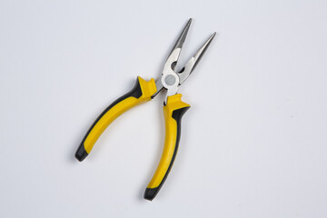 Set of tools for repair in a case on a white background. Assorted work or construction tools. Wrenches, Pliers, screwdriver. Top view