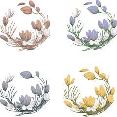  Vector illustration of frames in shape of wreath from flowers and leaves. Greeting card template. 