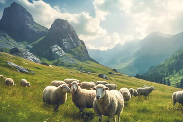 Flock of sheep grazing on green pasture in mountains. Landscape of sheep herd eating grass during bright summer day with high mountains in background. Generative AI - obrazy, fototapety, plakaty