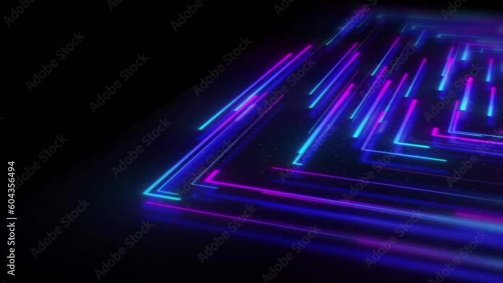 Poster futuristic high tech rectangle neon line animation on black background. digital high technology blue