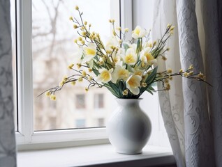 Floral bouquet on window sill. White and yellow tulips, Easter spring still life. daffodils flowers and green birch tree and blueberry branches in ceramic vase pot. Home decor. Scandinavian interior