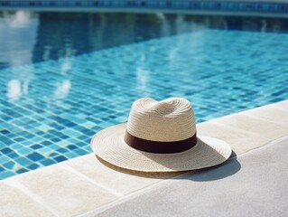 Fototapeta na wymiar Poolside still life. Straw hat on floor next to resort swimming pool. Clear blue water in sunlight. Summer holiday composition. Swimming, relaxation and travel concept. 