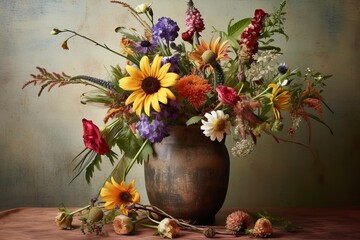 Wildflower arrangement in vase, flower summer (Ai generated)