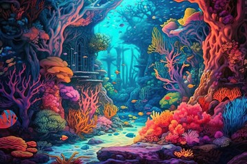 Obraz na płótnie Canvas Ocean, underwater coral reef scene (Ai generated)