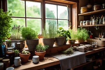 Windowsill herb garden in a rustic kitchen (Ai generated)