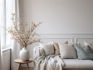 Stylish scandinavian living room with vase and blooming cherry plum tree branches. Springtime home decor. Elegant interior with comfy sofa, cushions and blanket. White wall background