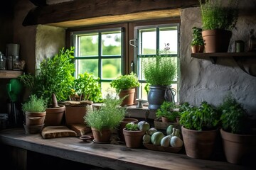 Windowsill herb garden in a rustic kitchen (Ai generated)