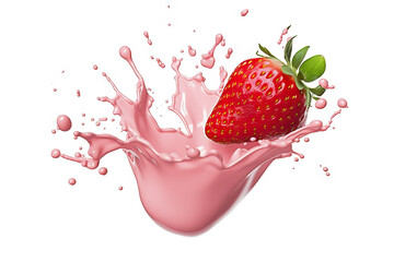 Milk or Yogurt Splash with Fresh Strawberries on Solid White Background, created with Generative AI