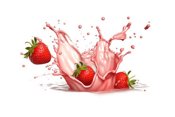 Milk or Yogurt Splash with Fresh Strawberries on Solid White Background, created with Generative AI