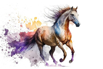 Beautiful horse running isolated on white, watercolor illustration, generative AI