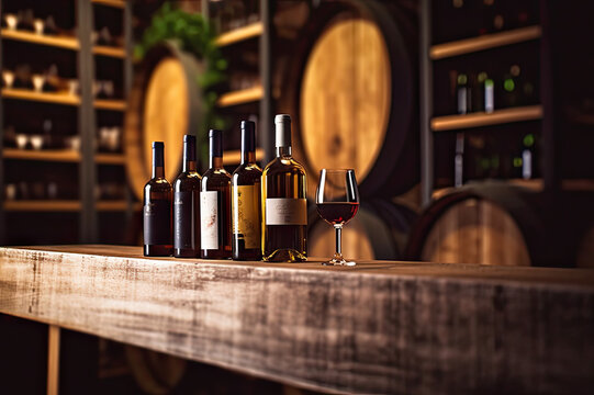Wine Delights: Blurred Wine Shop with Bottles on Wooden Table Background, created with Generative AI