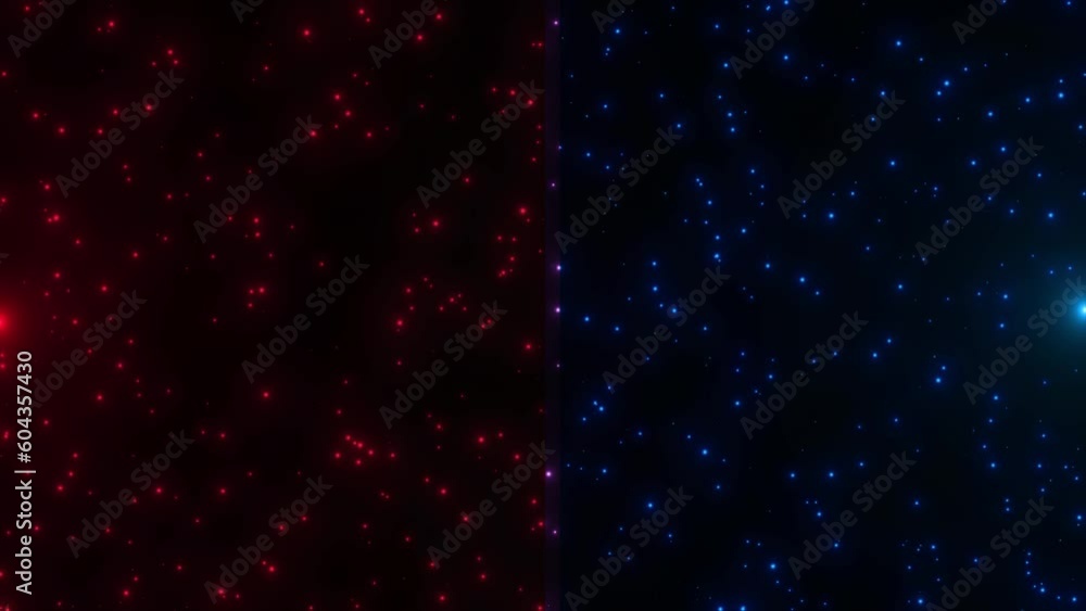 Poster red and blue separate particle falling on black background. particle falling with leans flare effect
