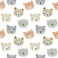 Seamless Childish Pattern with Cute Cartoon Bear Face Design on White Background