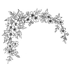 Fototapeta premium Hand-drawn line art of a semi-wreath composition of field flowers and leaves in black and white, transparent background