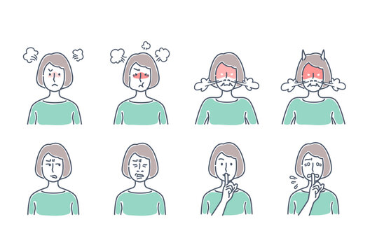 色々な感情や表情の女性アイコン（怒る、怒り、内緒、焦る、嫌がる）