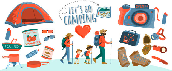 Vibrant family travel adventures collection set. Things about hiking, camping, holiday, outdoor vacation. Summer bundle clip art equipment, perfect for blogs, websites, and vacation planning theme
