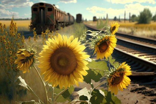 Sunflowers in front of a train on a railroad track