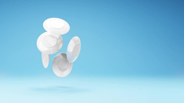 White Porcelain Plates Spinning on a Studio Blue Background, Seamless Loop 3D Animation with Copy Space