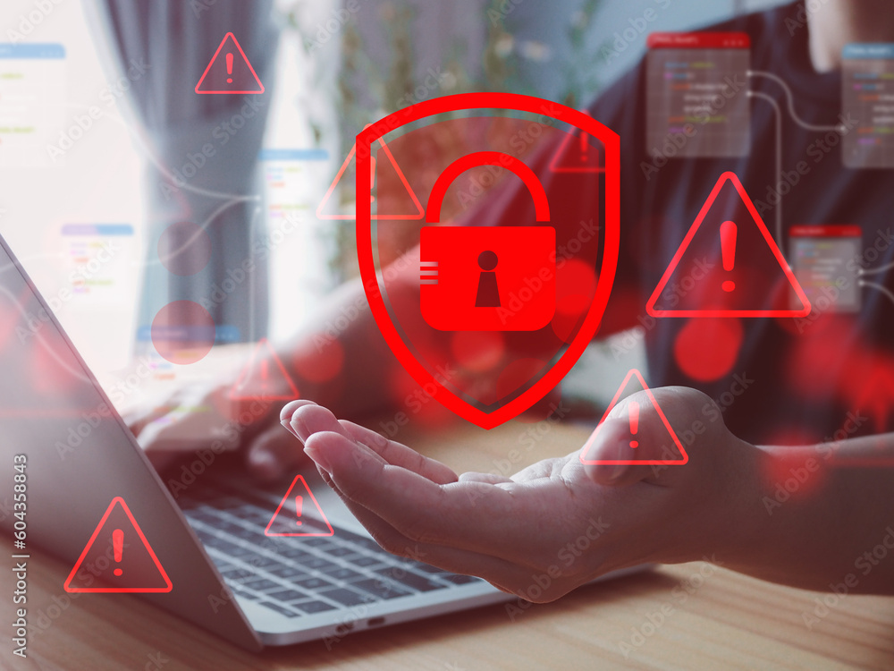 Poster cyber security concept, red padlock with warning sign cyber attack hack malware internet protection 