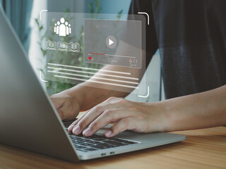 Online e learning, man watching video tutorials Learning management for lessons and online education through the internet