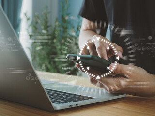 male hand pressing on smartphone technology connection
