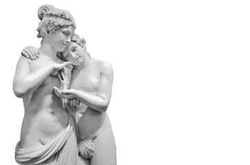 Statue of Roman Twin Nymphs Embracing, full body perspective with eyes looking into copy space
