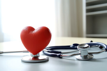 A red heart and doctor's stethoscope lie on a table in a doctor's office. Concept motif on the subject of medicine and health
