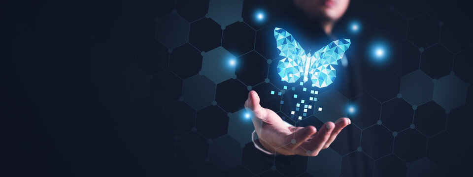 Blue Digital Butterfly on the businessman with glowing particles effect. Global business economy and digital transformation concept. Connectivity and Virtual reality theme. Copy space
