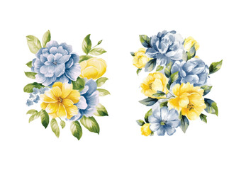 Watercolor yellow and blue flowers, vintage vector