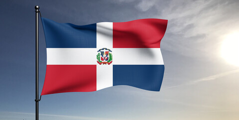 Dominican Republic national flag cloth fabric waving on beautiful grey sky Background.