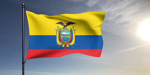 Ecuador national flag cloth fabric waving on beautiful grey sky Background.