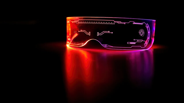 Right view of eyeware goggles colorful neon light, futuristic digital innovation concept, glow in dark background, cyber device, game head set, object, LED
