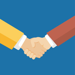 Shaking hands business vector illustration, successful deal symbol, partnership, greeting handshake, regular handshake agreement, designed in flat cartoon style isolated on blue background