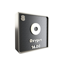 Obraz premium oxygen chemical element black and metal icon with atomic mass and atomic number. 3d render illustration.