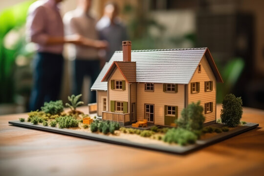 A house model stands illuminated on a table. That is why people stand and negotiate or plan to buy or build a house.