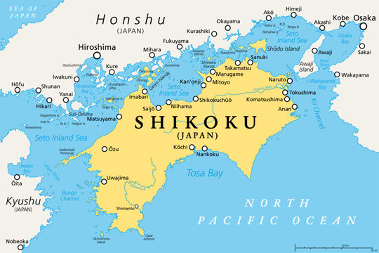 Shikoku, political map. Region and smallest of the four main islands of Japan, northeast of Kyushu, and south of Honshu, separated by the Seto Inland Sea. Shikoku region consists of four prefectures.