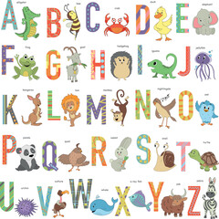 alphabet with cute animals vector illustrations