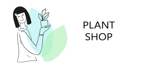  A young smiling woman florist holds a pot with a young plant in her hands. Small business and self-employment concept. Hand drawn doodle outline vector illustration.