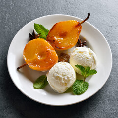 Poached pears with ice cream