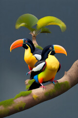 Toucans on a branch. Generative AI.