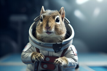 Chipmunk astronaut standing wearing spacesuit with opened visor inside of spaceship, ai generative © paffy