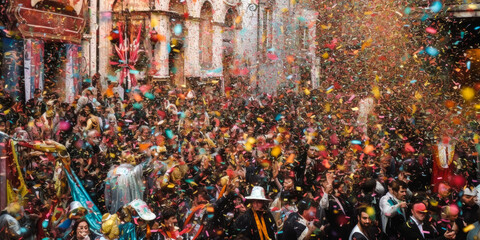 Captivating image: confetti rain over celebrating crowd at Venice, Italy's Carnevale di Venezia. Focus on lively confetti and anonymous faces adds festivity and intrigue. Generative AI