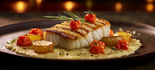 Codfish served in a luxury restaurant, with potatoes and tomatoes. 