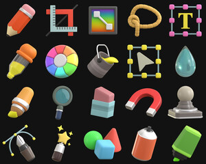 Graphic designer tools in 3D icon ready for edit isolated on dark background