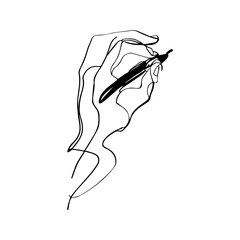 One line vector illustration. Human hand. Pen pencil write. Minimalism. Logo.