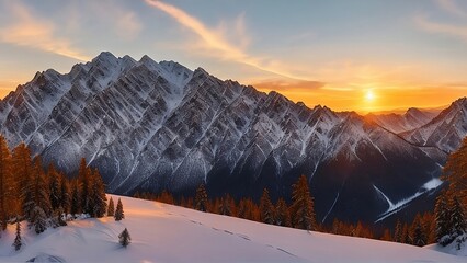 Golden glow on the snow-capped mountains.