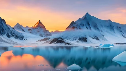 Fotobehang Sunset illuminated glaciers on a mountain. Creating a stunning contrast between ice and sky. © Shamim Akhtar