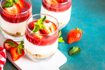Strawberry cheesecake, tasty dessert, no baking cake in jars.